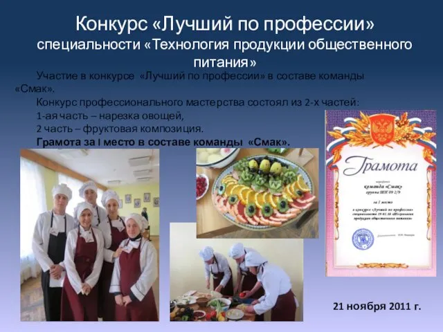 Конкурс «Лучший по профессии» специальности «Технология продукции общественного питания» 21 ноября