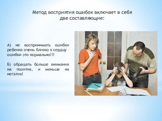 Метод восприятия ошибок включает в себя две составляющие: А) не воспринимать