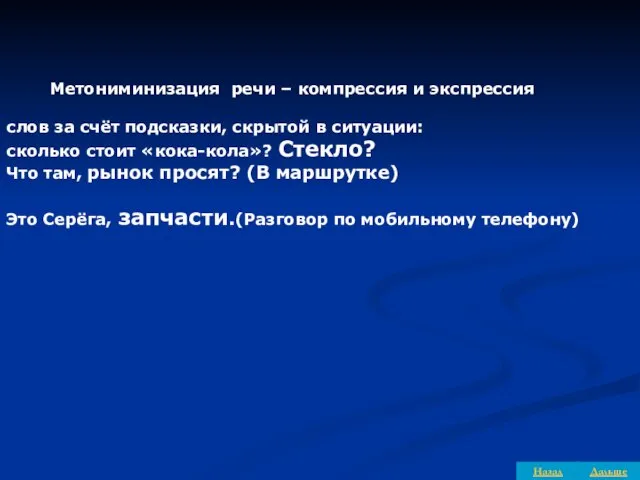 Метониминизация речи – компрессия и экспрессия слов за счёт подсказки, скрытой