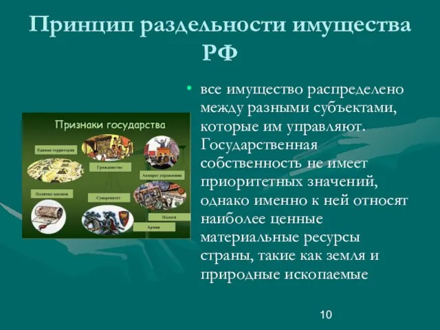 Принцип раздельности имущества РФ все имущество распределено между разными субъектами, которые