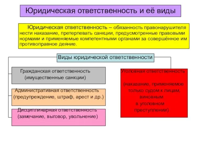 Юридическая ответственность и её виды Юридическая ответственность – обязанность правонарушителя нести