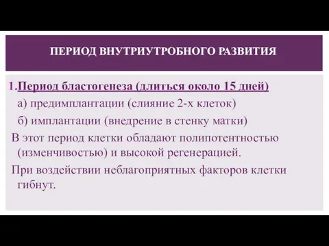 ПЕРИОД ВНУТРИУТРОБНОГО РАЗВИТИЯ Период бластогенеза (длиться около 15 дней) а) предимплантации