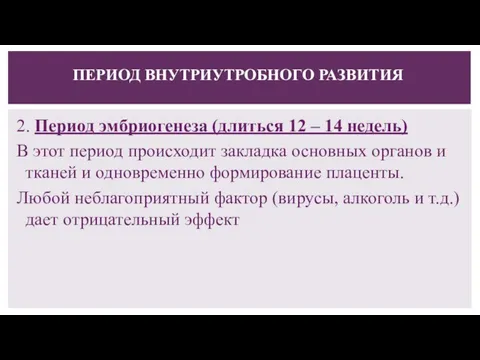 ПЕРИОД ВНУТРИУТРОБНОГО РАЗВИТИЯ 2. Период эмбриогенеза (длиться 12 – 14 недель)