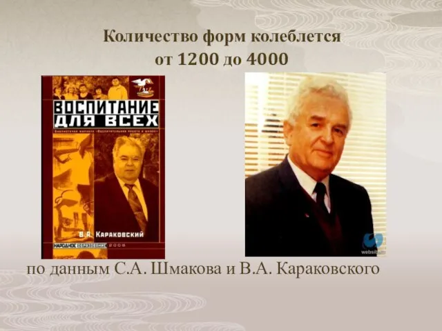 Количество форм колеблется от 1200 до 4000 по данным С.А. Шмакова и В.А. Караковского