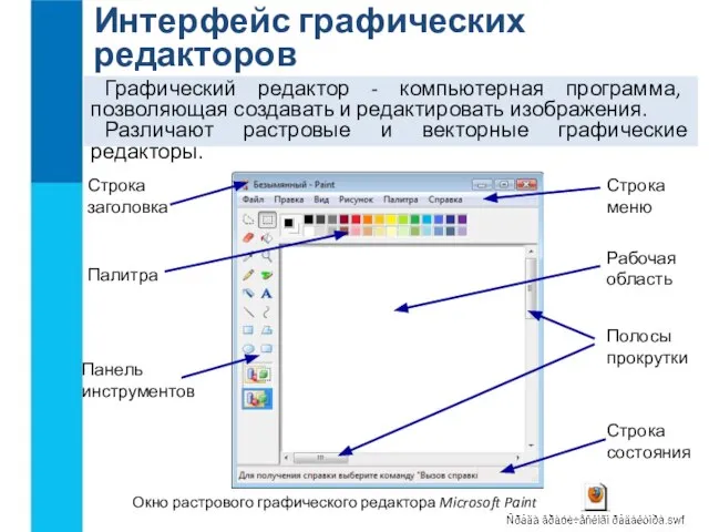 Интерфейс графических редакторов Графический редактор - компьютерная программа, позволяющая создавать и