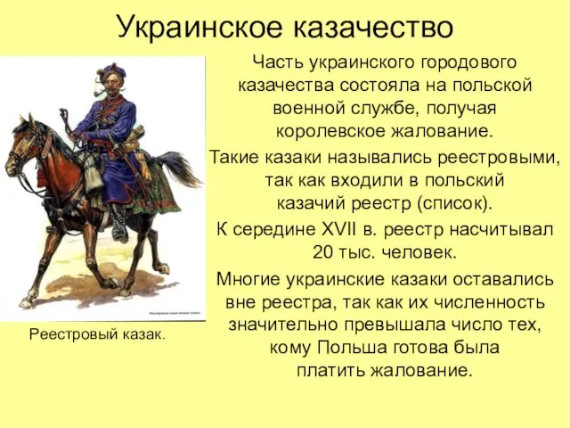 Украинское казачество Часть украинского городового казачества состояла на польской военной службе,