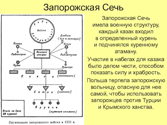 Запорожская Сечь Запорожская Сечь имела военную структуру, каждый казак входил в