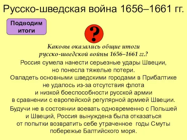 Русско-шведская война 1656–1661 гг. Каковы оказались общие итоги русско-шведской войны 1656–1661