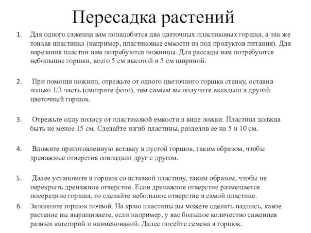 Пересадка растений Для одного саженца вам понадобится два цветочных пластиковых горшка,