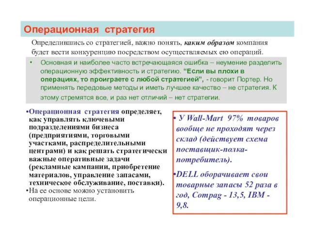 Операционная стратегия Операционная стратегия определяет, как управлять ключевыми подразделениями бизнеса (предприятиями,