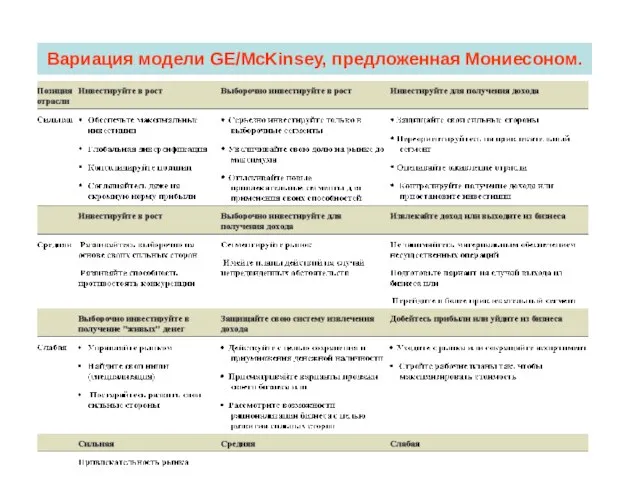 Вариация модели GE/McKinsey, предложенная Мониесоном.