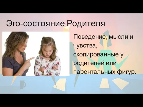 Эго-состояние Родителя Поведение, мысли и чувства, скопированные у родителей или парентальных фигур.