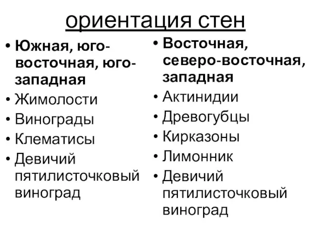 ориентация стен Южная, юго-восточная, юго-западная Жимолости Винограды Клематисы Девичий пятилисточковый виноград