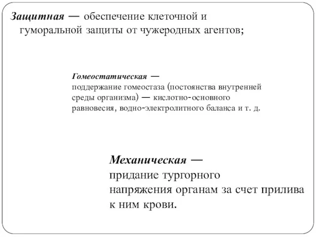 Защитная — обеспечение клеточной и гуморальной защиты от чужеродных агентов; Гомеостатическая