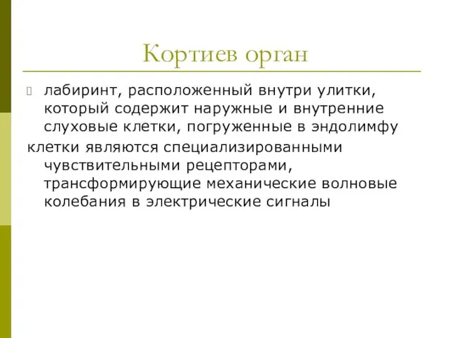 Кортиев орган лабиринт, расположенный внутри улитки, который содержит наружные и внутренние