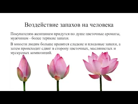 Воздействие запахов на человека Покупателям-женщинам придутся по душе цветочные ароматы, мужчинам