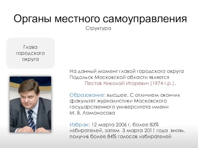 Кто? Органы местного самоуправления Структура На данный момент главой городского округа