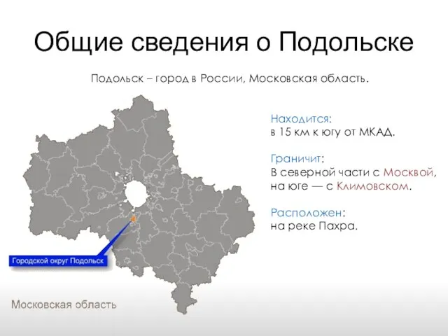 Общие сведения о Подольске Подольск – город в России, Московская область.