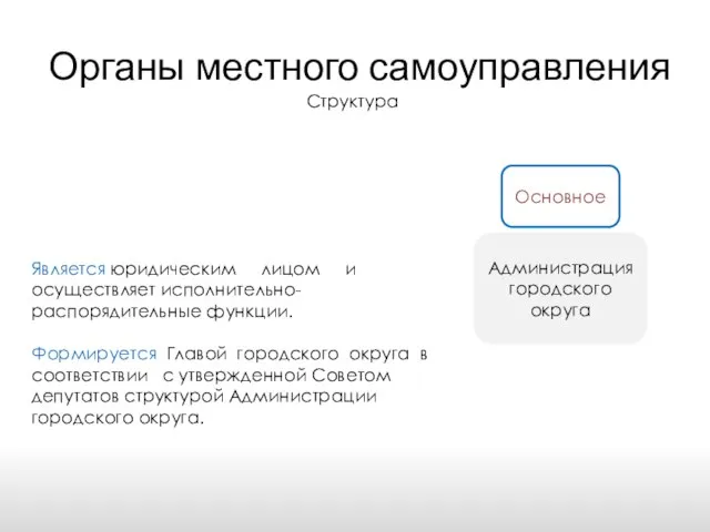 Органы местного самоуправления Структура Основное Администрация городского округа Является юридическим лицом