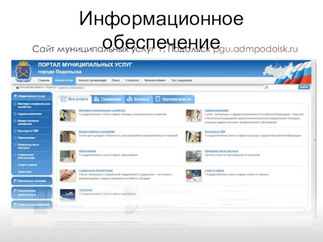 Информационное обеспечение Сайт муниципальных услуг г. Подольск pgu.admpodolsk.ru