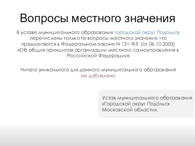 Вопросы местного значения В уставе муниципального образования городской округ Подольск перечислены