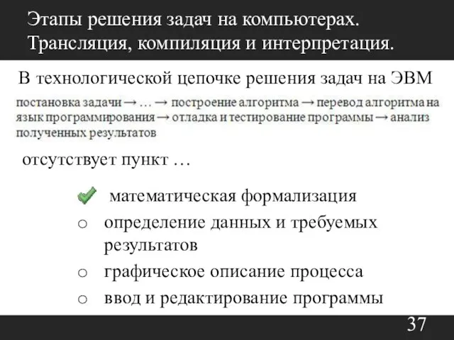 Этапы решения задач на компьютерах. Трансляция, компиляция и интерпретация. В технологической