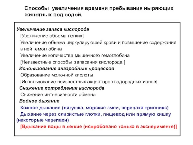 Способы увеличения времени пребывания ныряющих животных под водой.