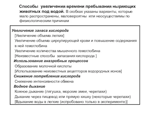 Способы увеличения времени пребывания ныряющих животных под водой. В скобках указаны