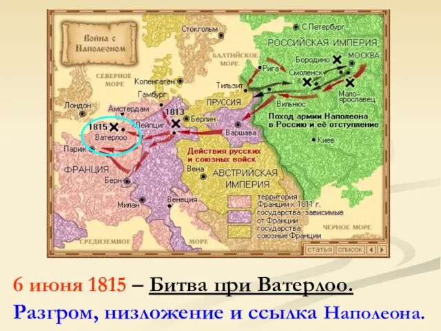 6 июня 1815 – Битва при Ватерлоо. Разгром, низложение и ссылка Наполеона.