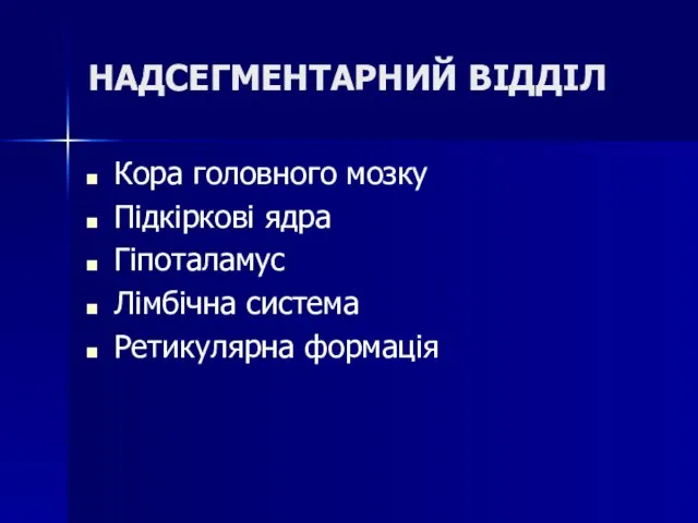 НАДСЕГМЕНТАРНИЙ ВІДДІЛ Кора головного мозку Підкіркові ядра Гіпоталамус Лімбічна система Ретикулярна формація