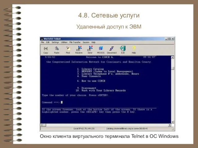4.8. Сетевые услуги Удаленный доступ к ЭВМ Окно клиента виртуального терминала Telnet в ОС Windows
