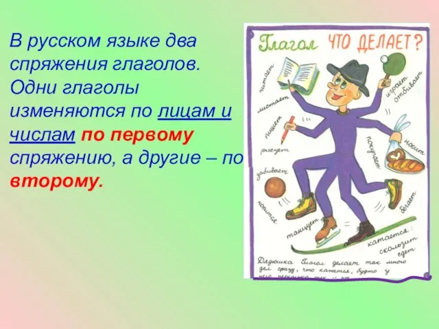 В русском языке два спряжения глаголов. Одни глаголы изменяются по лицам