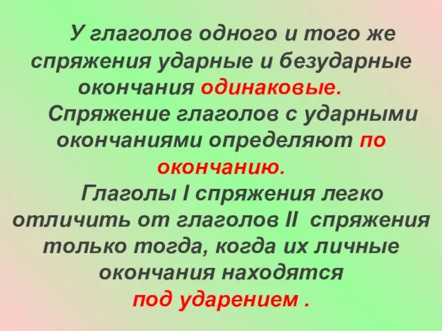 У глаголов одного и того же спряжения ударные и безударные окончания