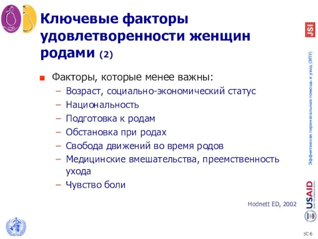 Ключевые факторы удовлетворенности женщин родами (2) Факторы, которые менее важны: Возраст,