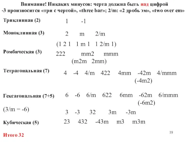 Триклинная (2) Моноклинная (3) Ромбическая (3) Тетрагональная (7) Гексагональная (7+5) (3/m