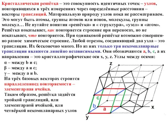 Кристаллическая решётка – это совокупность идентичных точек – узлов, повторяющихся в