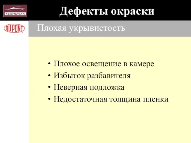 Плохая укрывистость Плохое освещение в камере Избыток разбавителя Неверная подложка Недостаточная толщина пленки