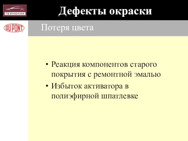 Потеря цвета Реакция компонентов старого покрытия с ремонтной эмалью Избыток активатора в полиэфирной шпатлевке