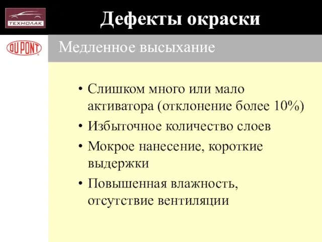 Медленное высыхание Слишком много или мало активатора (отклонение более 10%) Избыточное