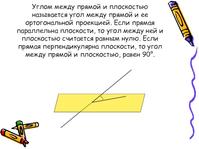 Углом между прямой и плоскостью называется угол между прямой и ее