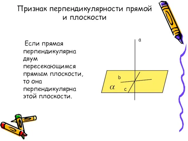 Признак перпендикулярности прямой и плоскости Если прямая перпендикулярна двум пересекающимся прямым