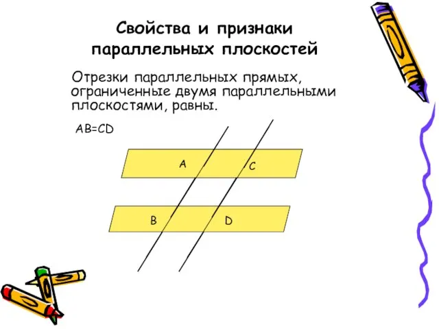 Свойства и признаки параллельных плоскостей Отрезки параллельных прямых, ограниченные двумя параллельными плоскостями, равны. AB=CD