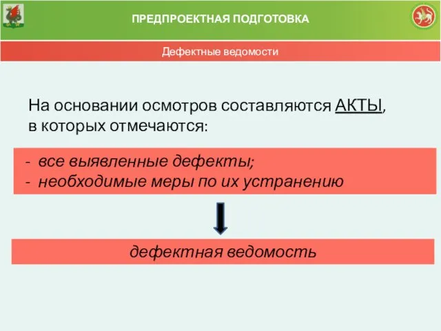 ПРЕДПРОЕКТНАЯ ПОДГОТОВКА Дефектные ведомости На основании осмотров составляются АКТЫ, в которых