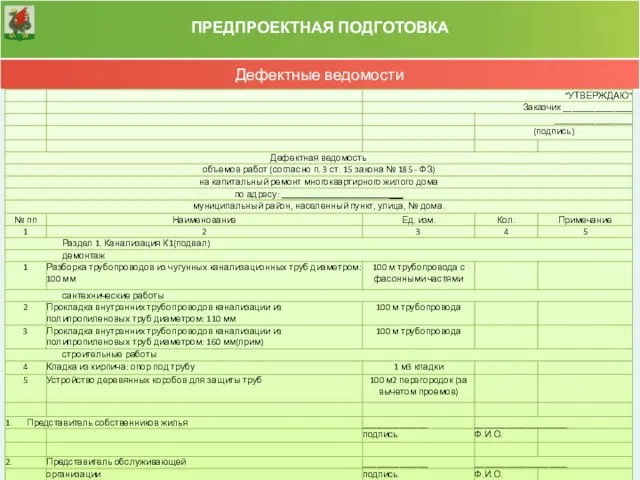 ПРЕДПРОЕКТНАЯ ПОДГОТОВКА Дефектные ведомости