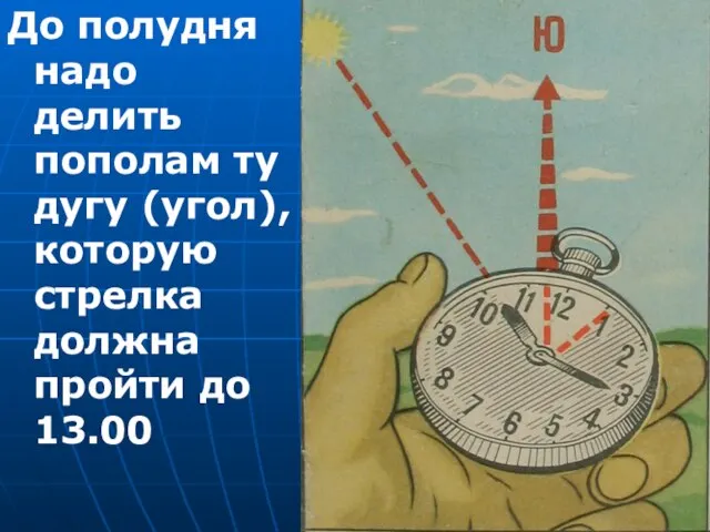 До полудня надо делить пополам ту дугу (угол), которую стрелка должна пройти до 13.00