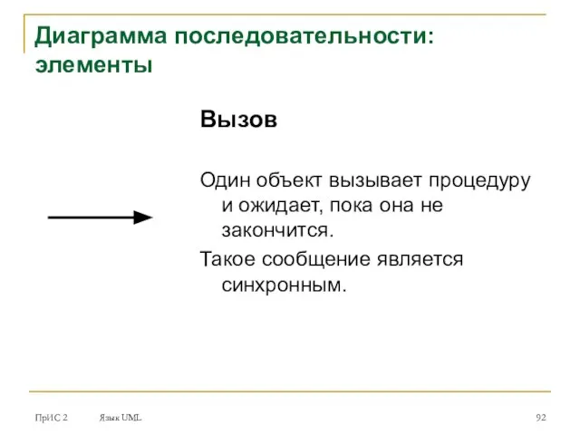 ПрИС 2 Язык UML Вызов Один объект вызывает процедуру и ожидает,