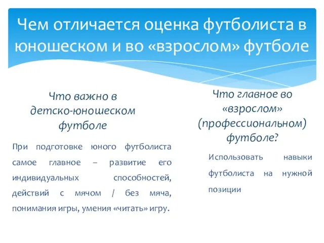 При подготовке юного футболиста самое главное – развитие его индивидуальных способностей,