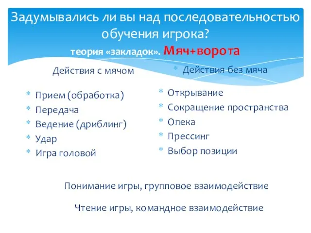 Задумывались ли вы над последовательностью обучения игрока? теория «закладок». Мяч+ворота Прием