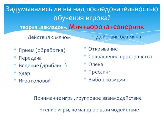 Задумывались ли вы над последовательностью обучения игрока? теория «закладок». Мяч+ворота+соперник Прием