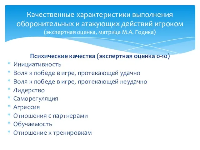 Психические качества (экспертная оценка 0-10) Инициативность Воля к победе в игре,